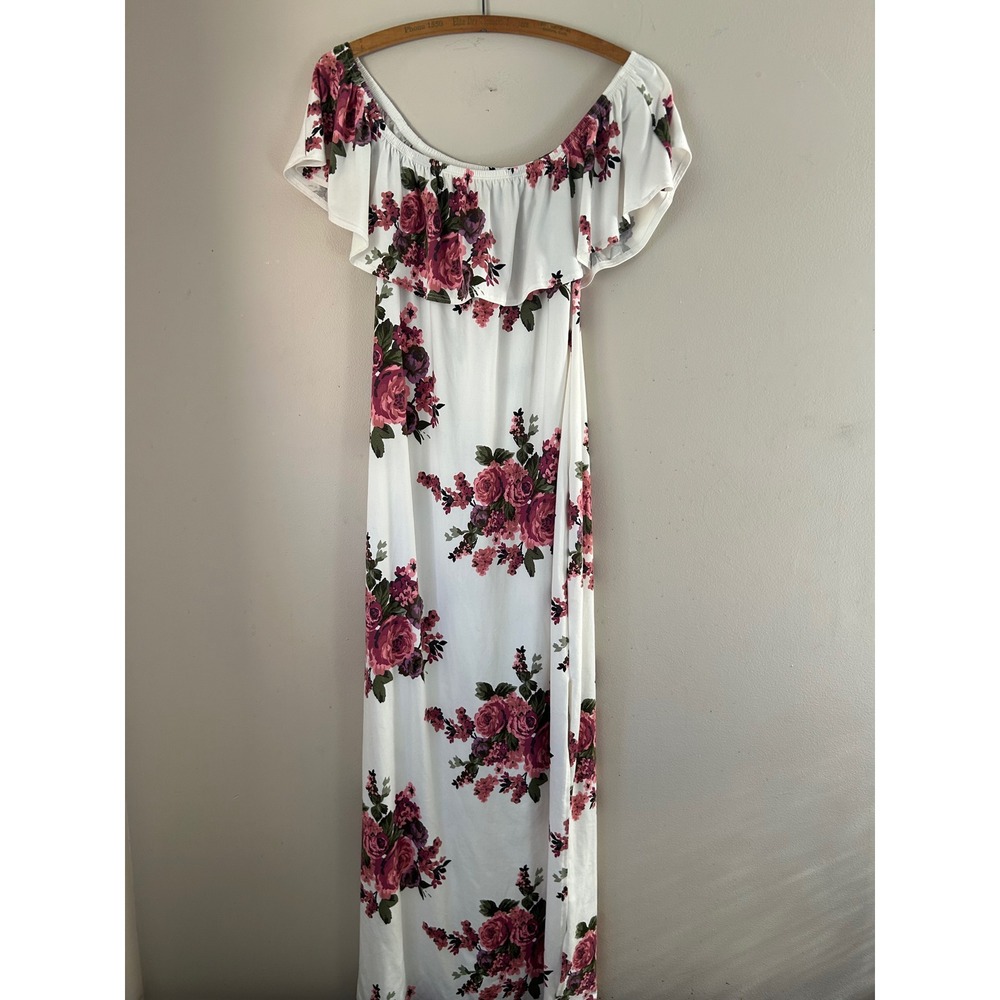 White Floral Off‎ Shoulder Maxi Dress Ruffle Flutter Sleeve Summer Boho Romantic
